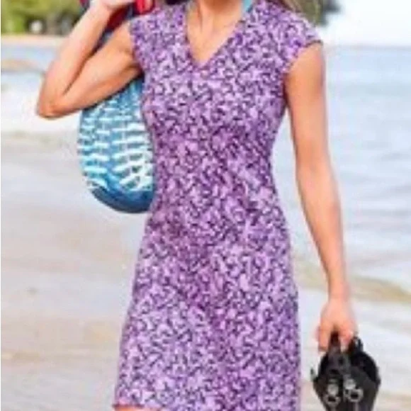Athleta Women’s A-Line Mini Dress Faux Wrap V-Neck Cap Sleeve MP Purple - Picture 2 of 11
